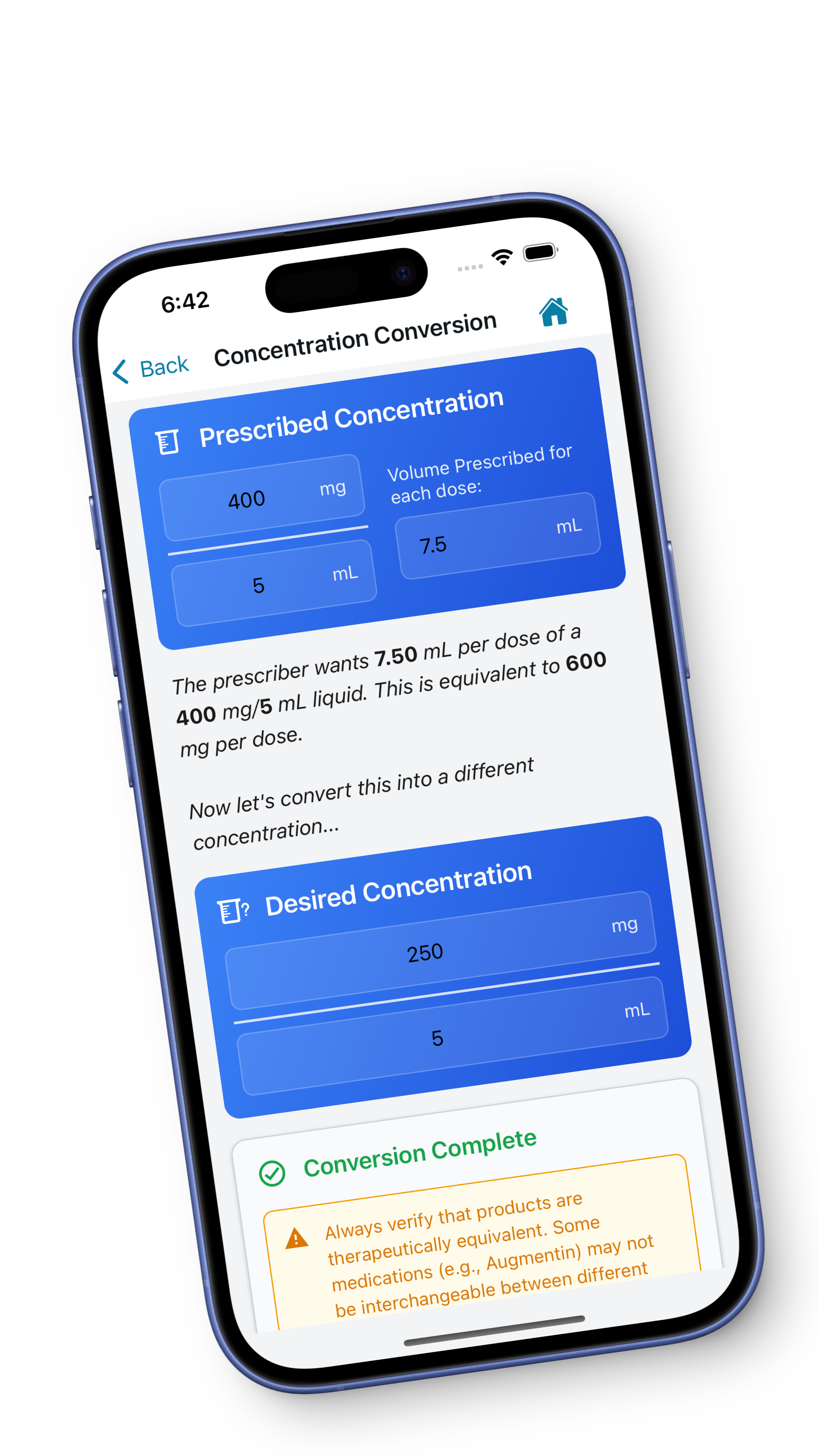 Concentration calculator interface